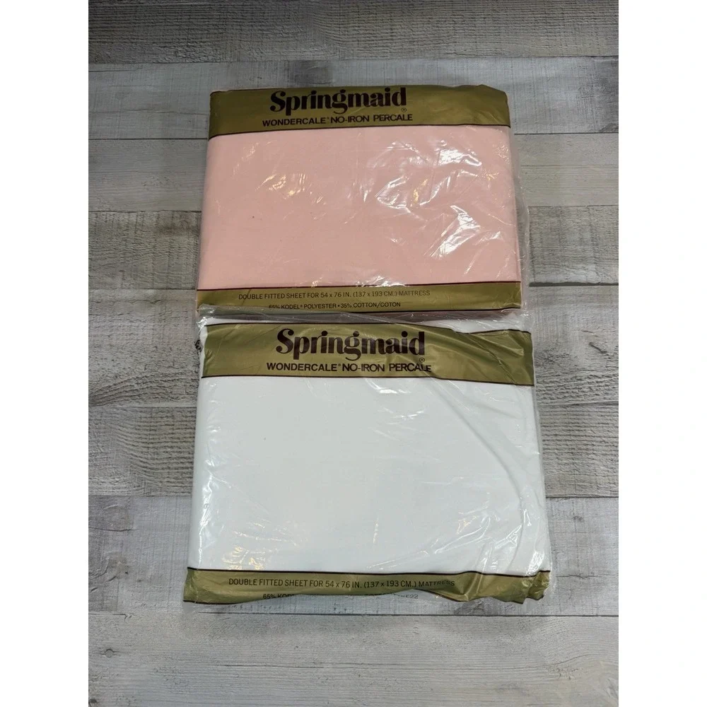 Vintage Springmaid Wondercale Double Fitted Sheets Lot 2 Pink White NOS Percale